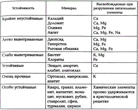 Степень устойчивости первичных минералов почвы и химические элементы, высвобождаемые при их разрушении