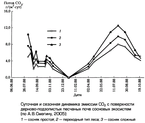 Суточная и сезонная динамика эмиссии CO2 с поверхности дерново-подзолистых песчаных почв сосновых экосистем