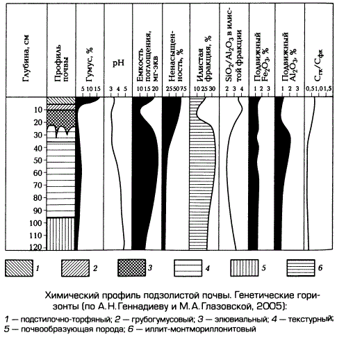 Химический профиль подзолистой почвы. Генетические горизонты (по А.Н.Геннадиеву и М.А.Глазовской, 2005)