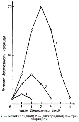 Кривые распределения частот генотипов в F2 в случае кумулятивной полимерии при скрещивании