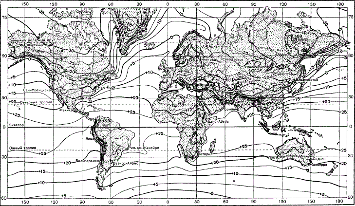 Карта январских изотерм на уровне земной поверхности