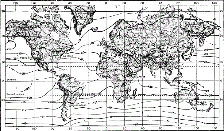 Карта июльских изотерм на уровне земной поверхности