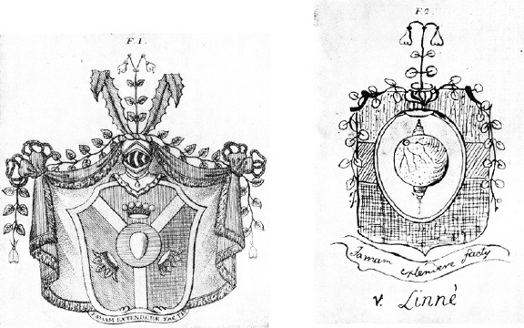 Ф.1 - герб Линнея; Ф.2 - проект герба, предложенный Линнеем, по собственноручному рисунку