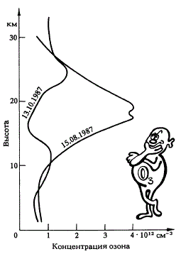 Основной вклад в наблюдаемое падение общего количества озона вносит уменьшение его концентрации на высотах 14—20 км