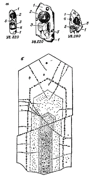 а — многофазовые включения в кварцах Памира и первые в СССР определения минералов-«узников> (1948-1949 гг.) [по Ермакову Н. А. Геохимические системы включений в минералах. М., Недра, 1972. с. 267]: 1 — маточный раствор; 2 — газовый пузырек; 3 — галит; 4 — карбонат; 5 — сильвин; б — кристалл, содержащий газово-жидкие включения [по Ф. Г. Смиту]
