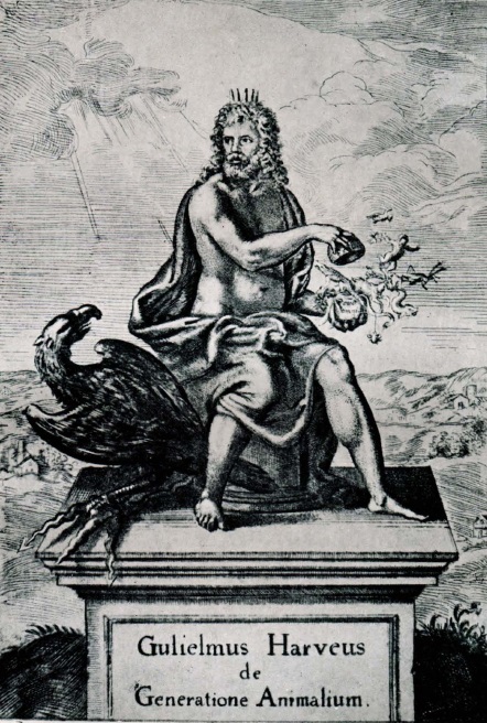 Юпитер, выпускающий живые существа из яйца. Фронтиспис книги Гарвея «О зарождении животных» (1651 г.)