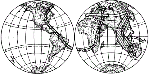 Схема расположения железорудных поясов на земном шаре (по М. И. Калганову)