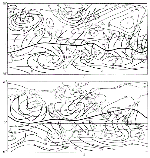 Усредненная картина распределения ветров и давления на уровне моря в январе (A) и в июле (Б). Линии равного давления, называемые изобарами, показывающими, на какую величину давление превышает 1000 мбар, например цифра 20 означает, что изобара соответствует давлению 1020 мбар.