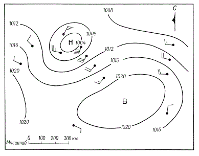 Пример картины распределения давления воздуха у поверхности, направления и силы ветра