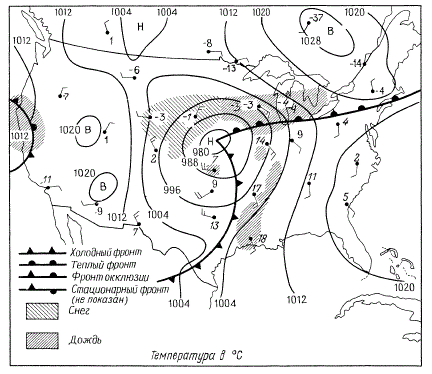 Упрощенный вариант приземной карты погоды с глубоким циклоном, теплым и холодным фронтом