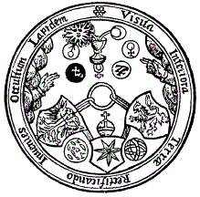Рисунок из книги знаменитого алхимика Василия Валентина. Рука показывает на чашу, окруженную символами семи металлов