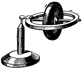 Гироскоп. Вращающийся диск сохраняет горизонтальное положение оси в пространстве. Он свободно висит в воздухе, но кольцо движется в горизонтальной плоскости